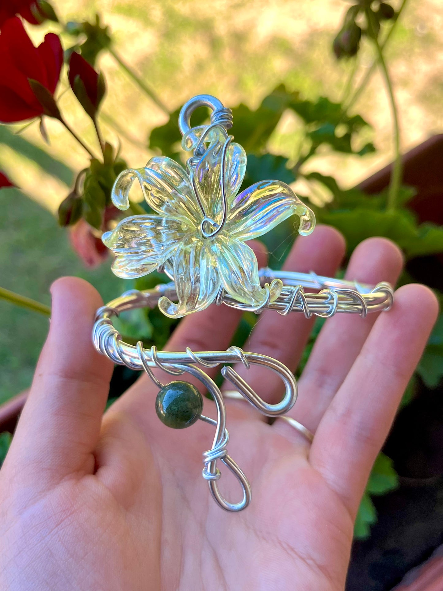 Handmade Silver Color Wire-Wrapped Yellow Floral & Green Stone Arm Cuff