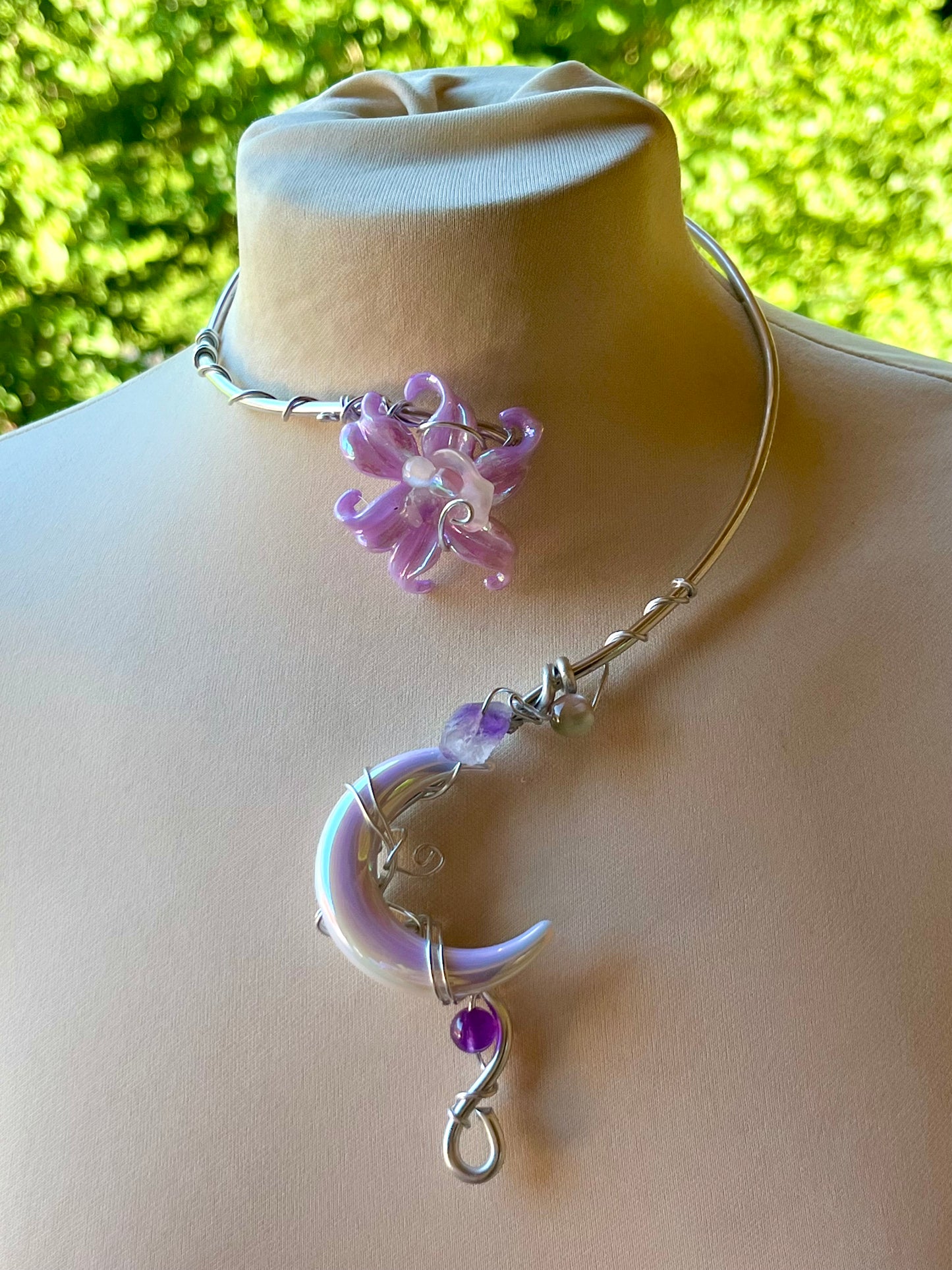 Handmade Silver Color Wire-Wrapped Crescent Moon & Purple Blossom Choker