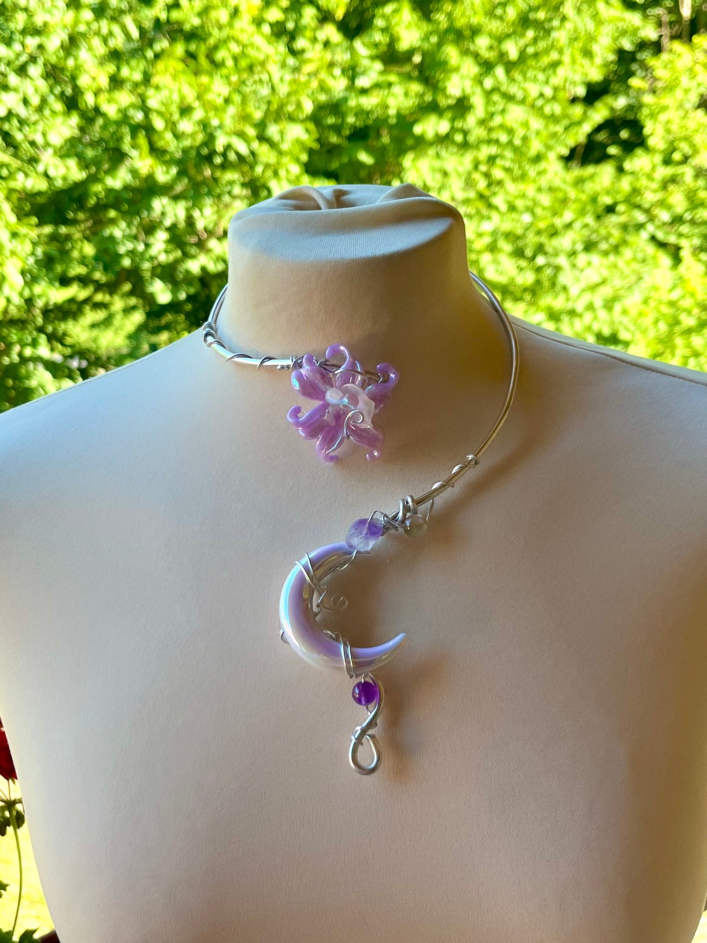 Handmade Silver Color Wire-Wrapped Crescent Moon & Purple Blossom Choker