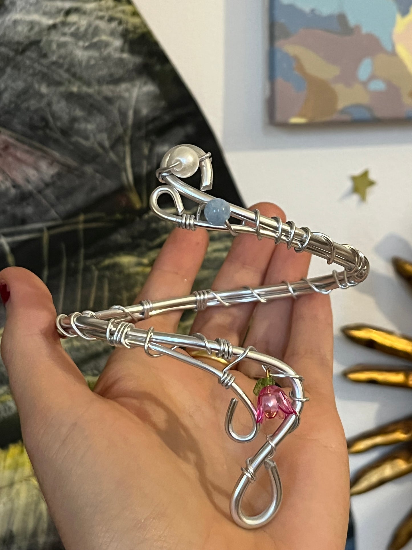 armcuff pink flower beads