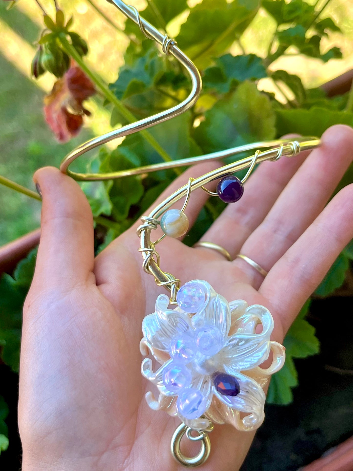 Handmade Gold Color Wire-Wrapped White Floral & Beaded Arm Cuff