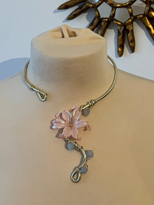 pink flower necklace real stone gold colour