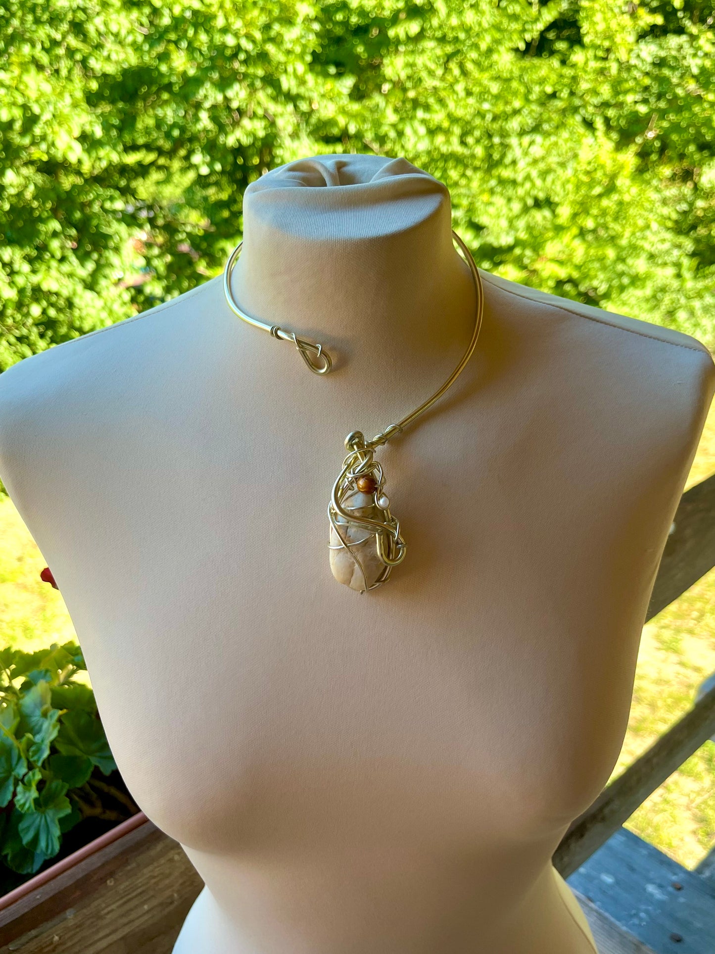 Handmade Gold Color Wire-Wrapped Raw Stone & Pearl Choker
