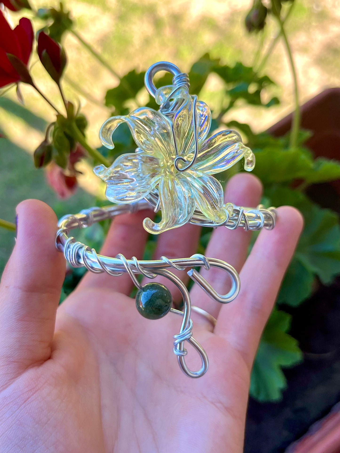 Handmade Silver Color Wire-Wrapped Yellow Floral & Green Stone Arm Cuff