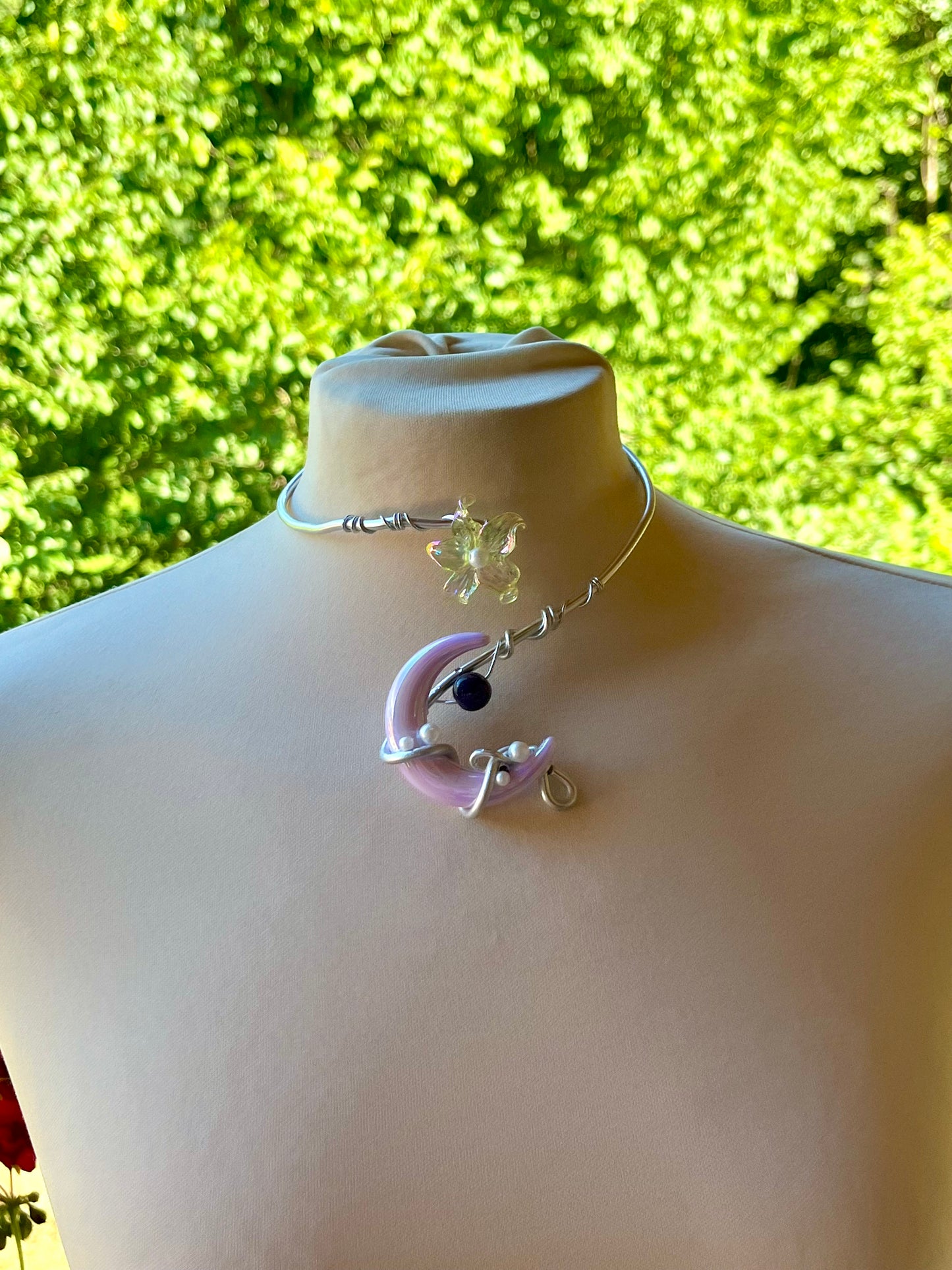Handmade Silver Color Wire-Wrapped Crescent Moon Choker