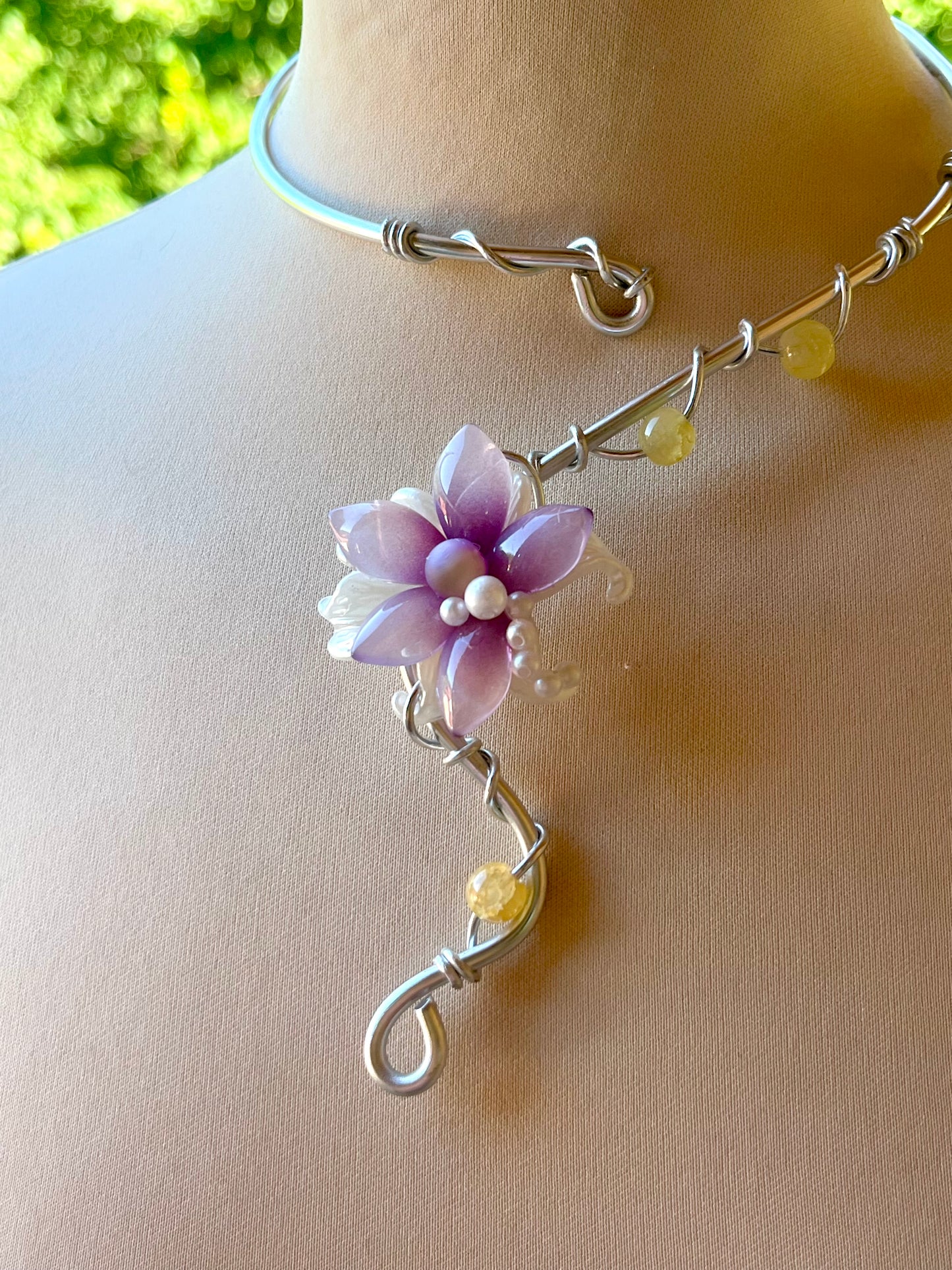 Handmade Silver Color Wire-Wrapped Purple Floral Choker