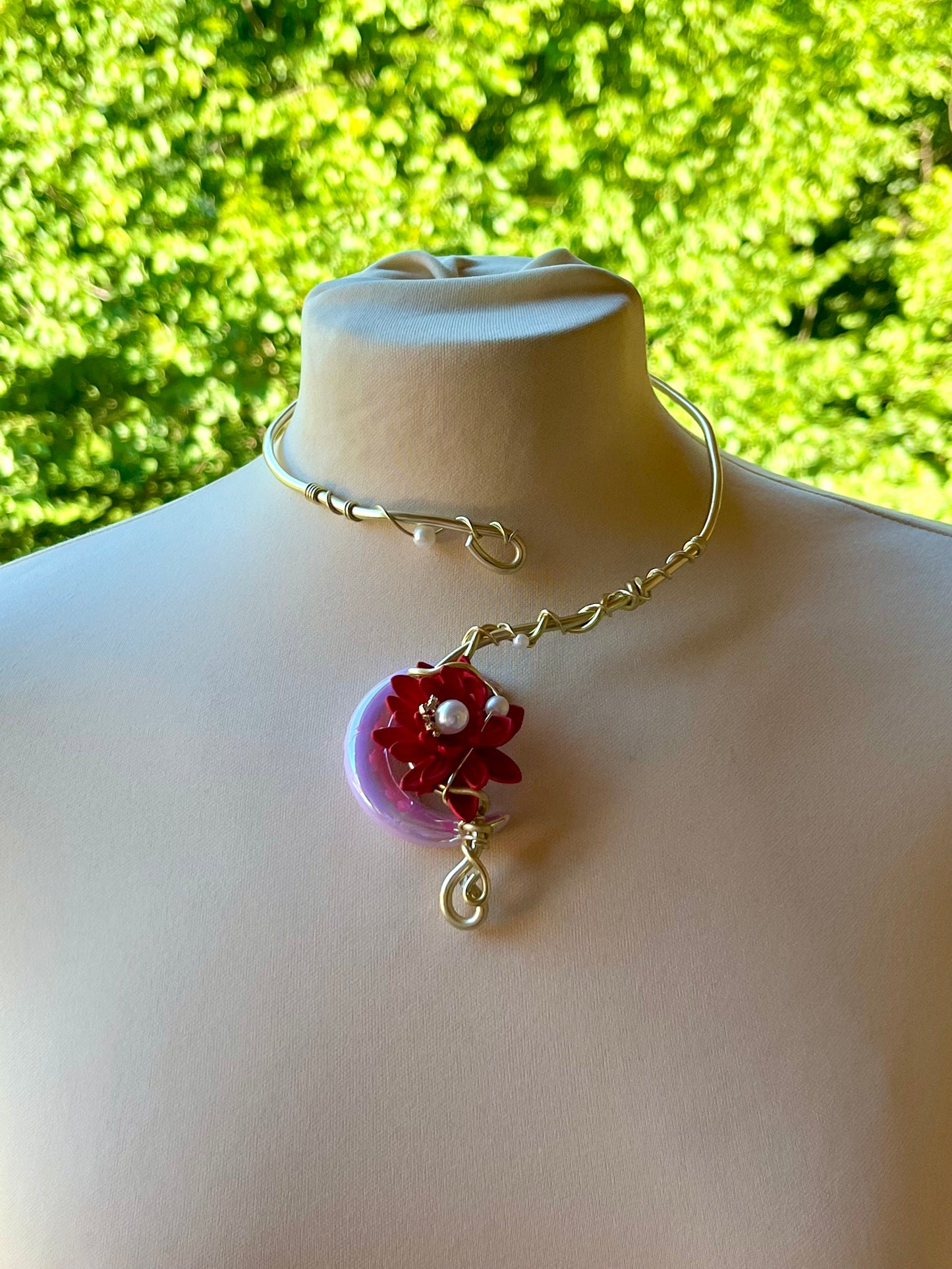 Handmade Gold Color Wire-Wrapped Crescent Moon & Red Floral Choker