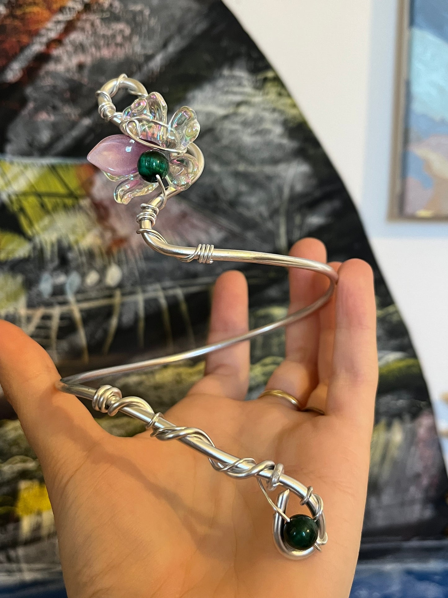 armcuff flower green beads