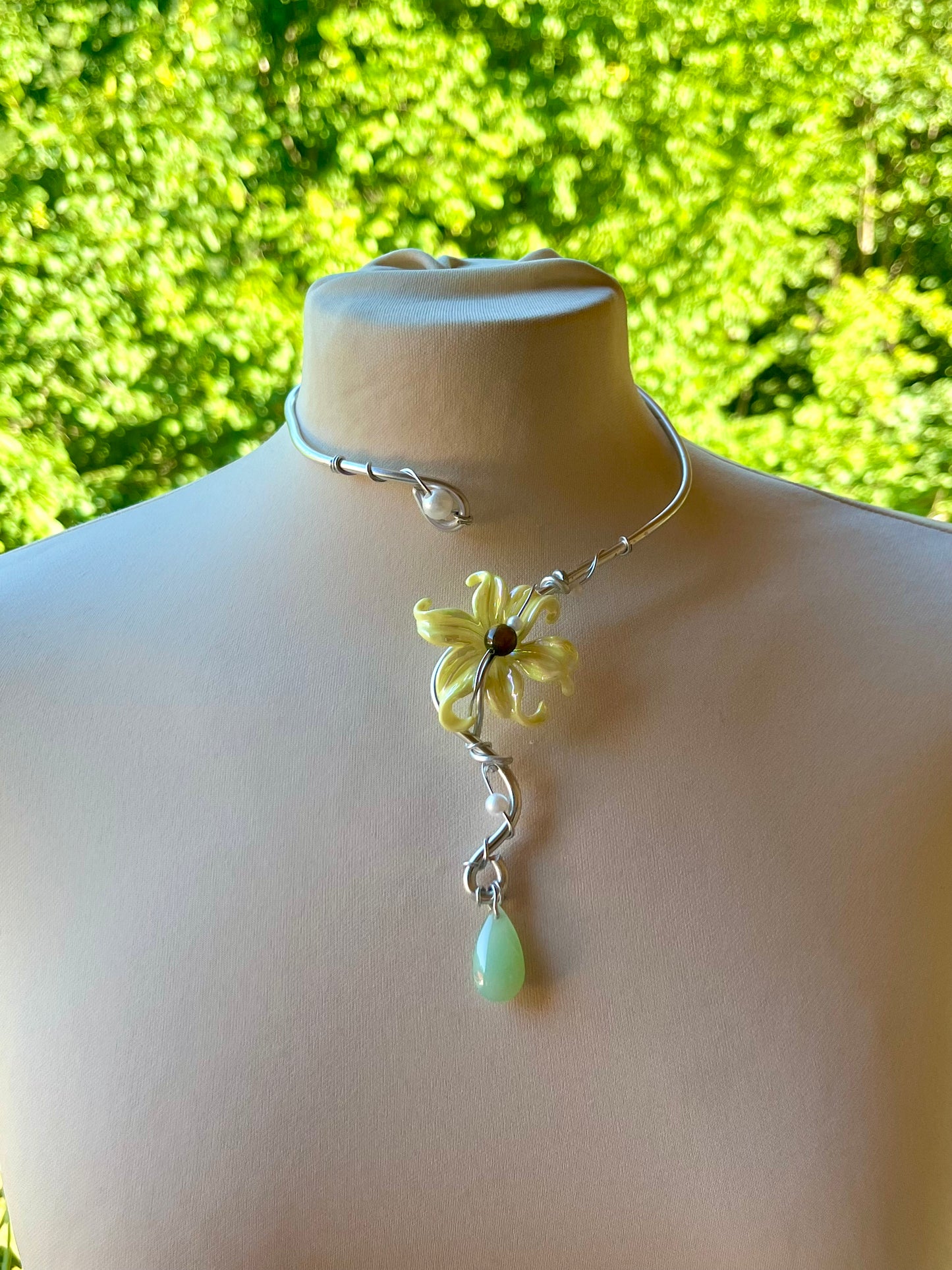 Handmade Silver Color Wire-Wrapped Yellow Floral & Green Teardrop Choker