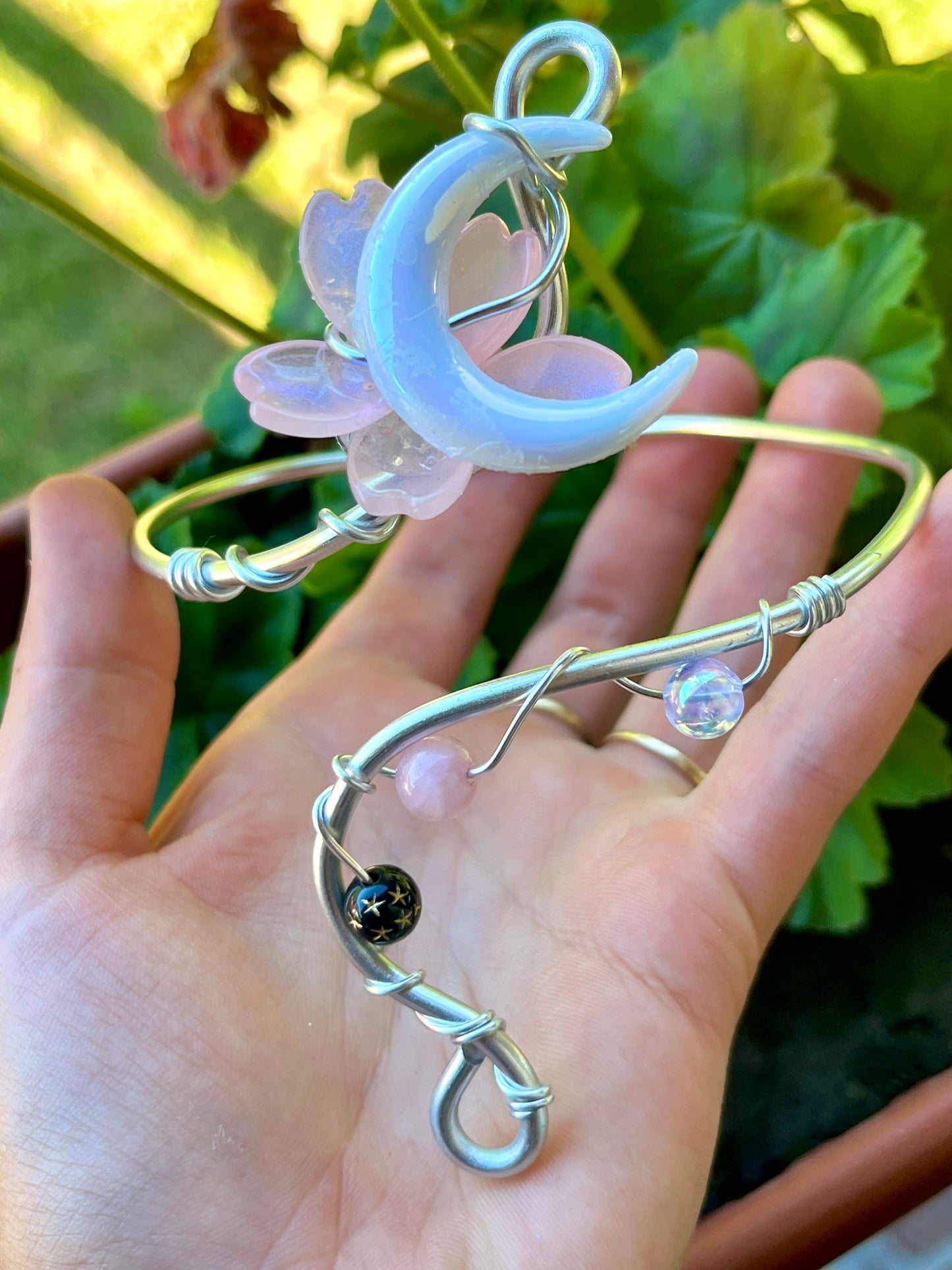 Handmade Silver Color Wire-Wrapped Crescent Moon & Pink Blossom Arm Cuff
