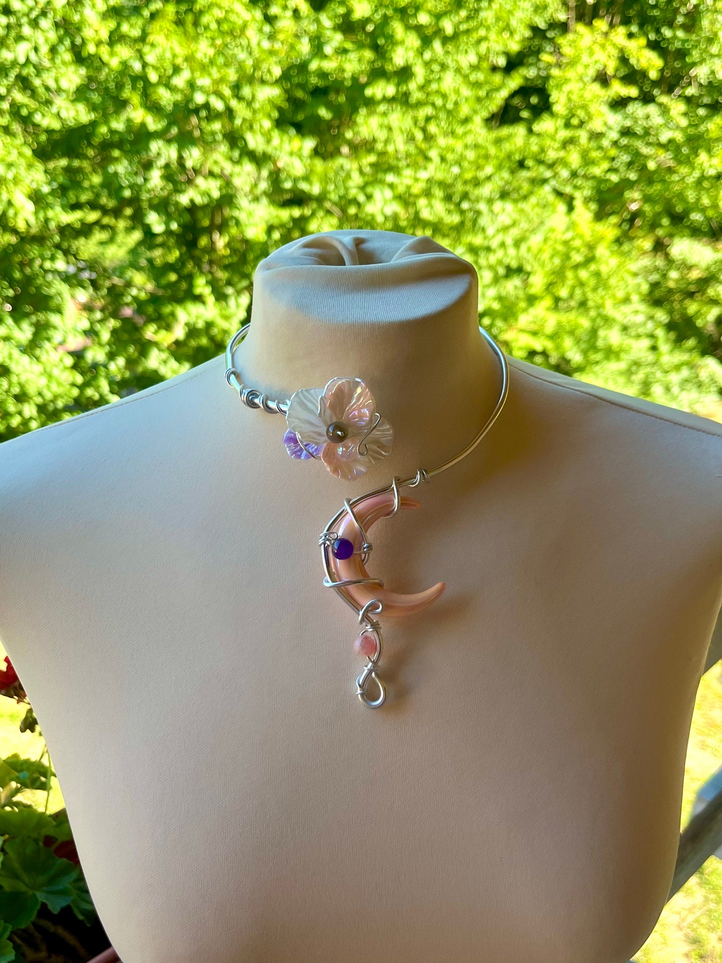 Handmade Silver Color Wire-Wrapped Crescent Moon & Pink Blossom Choker