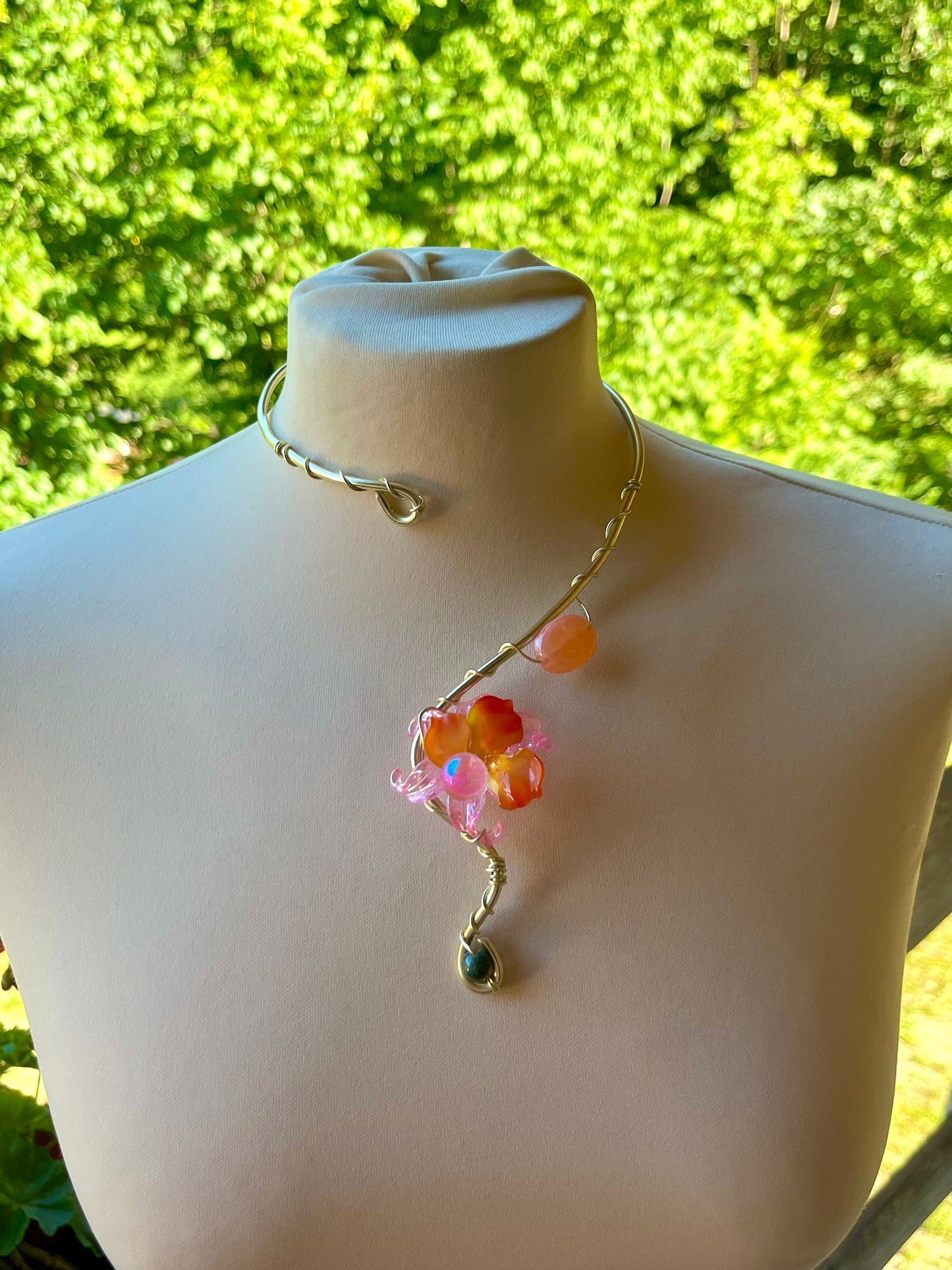 Handmade Gold Color Wire-Wrapped Orange and Pink Floral Choker