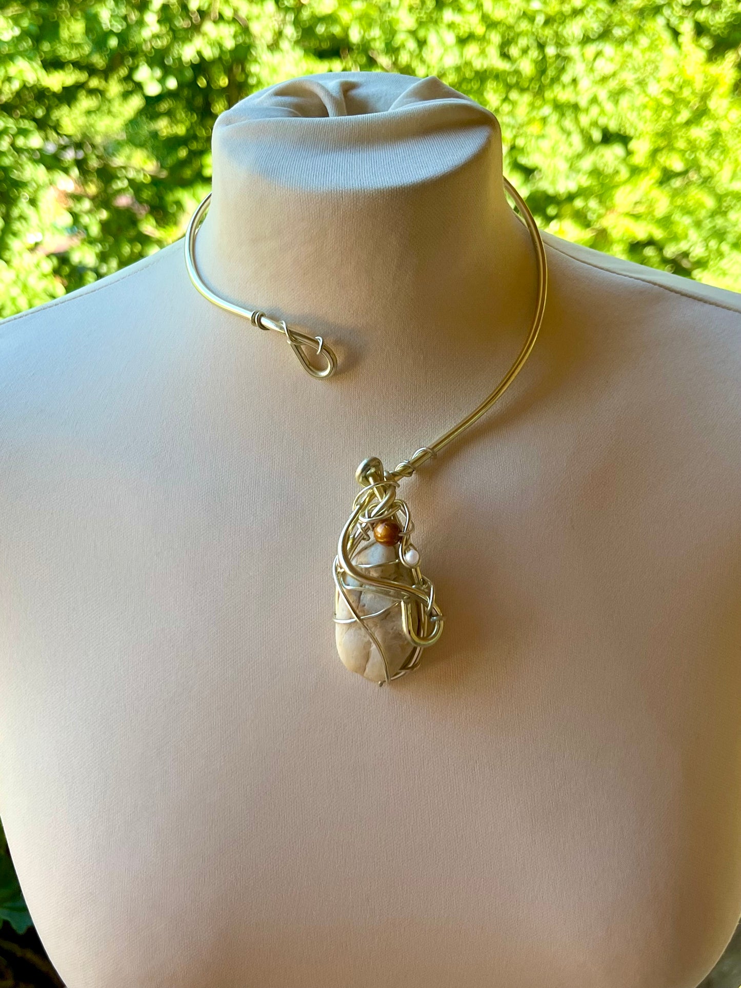 Handmade Gold Color Wire-Wrapped Raw Stone & Pearl Choker