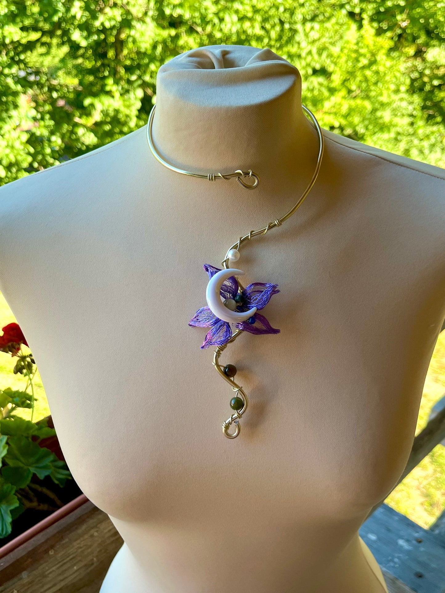 Handmade Gold Color Wire-Wrapped Crescent Moon & Purple Floral Choker