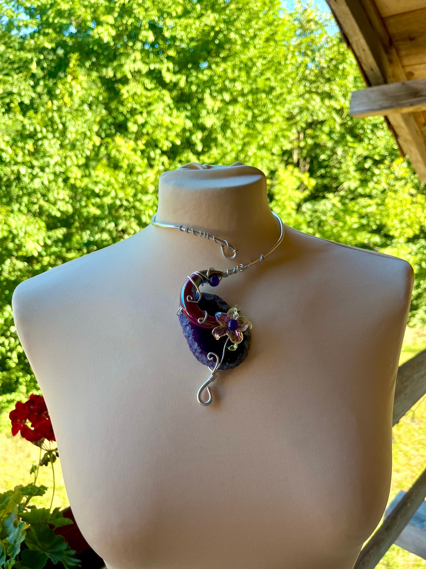 Handmade Silver Color Wire-Wrapped Crescent Moon & Purple Crystal Choker