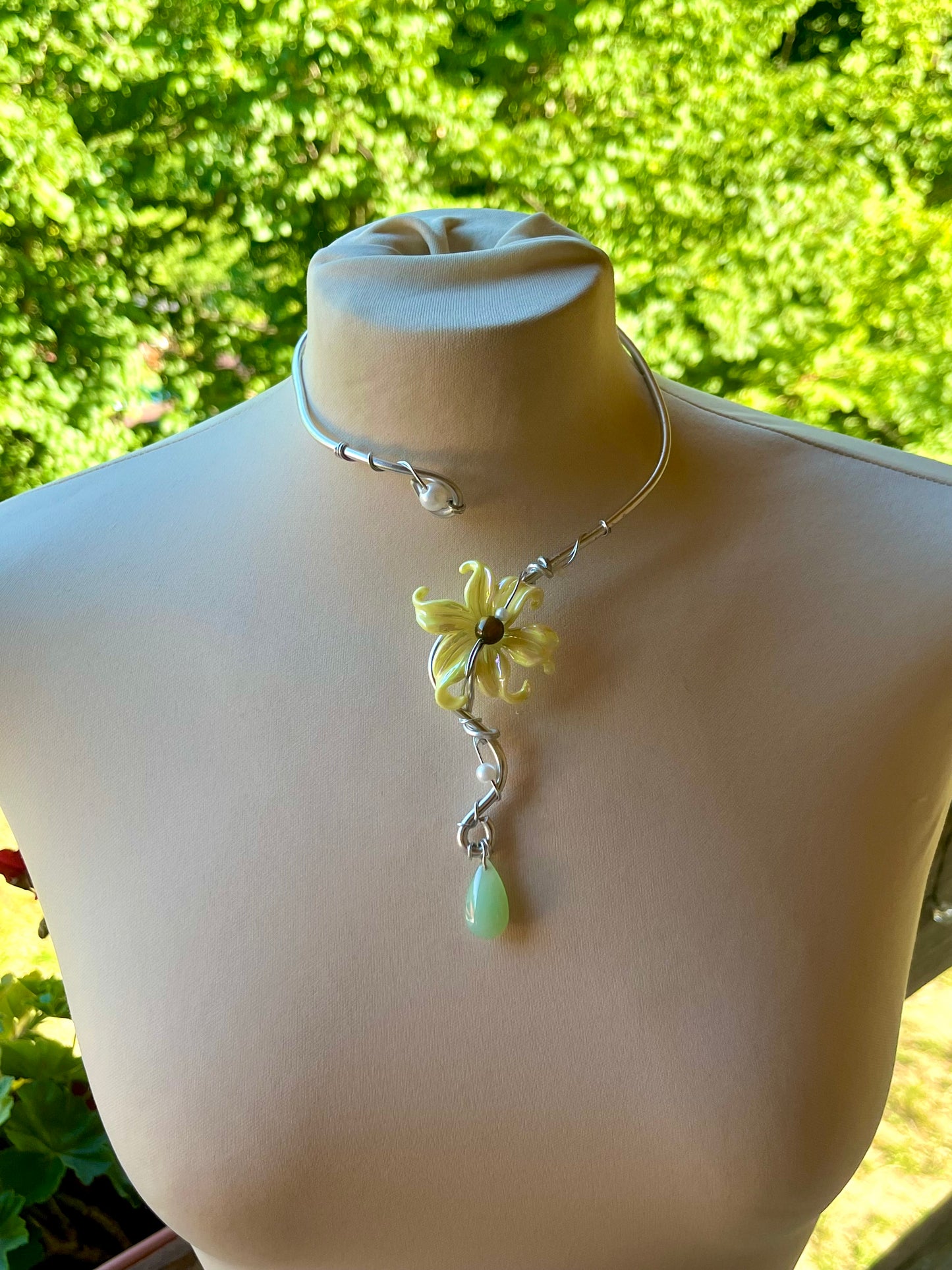 Handmade Silver Color Wire-Wrapped Yellow Floral & Green Teardrop Choker