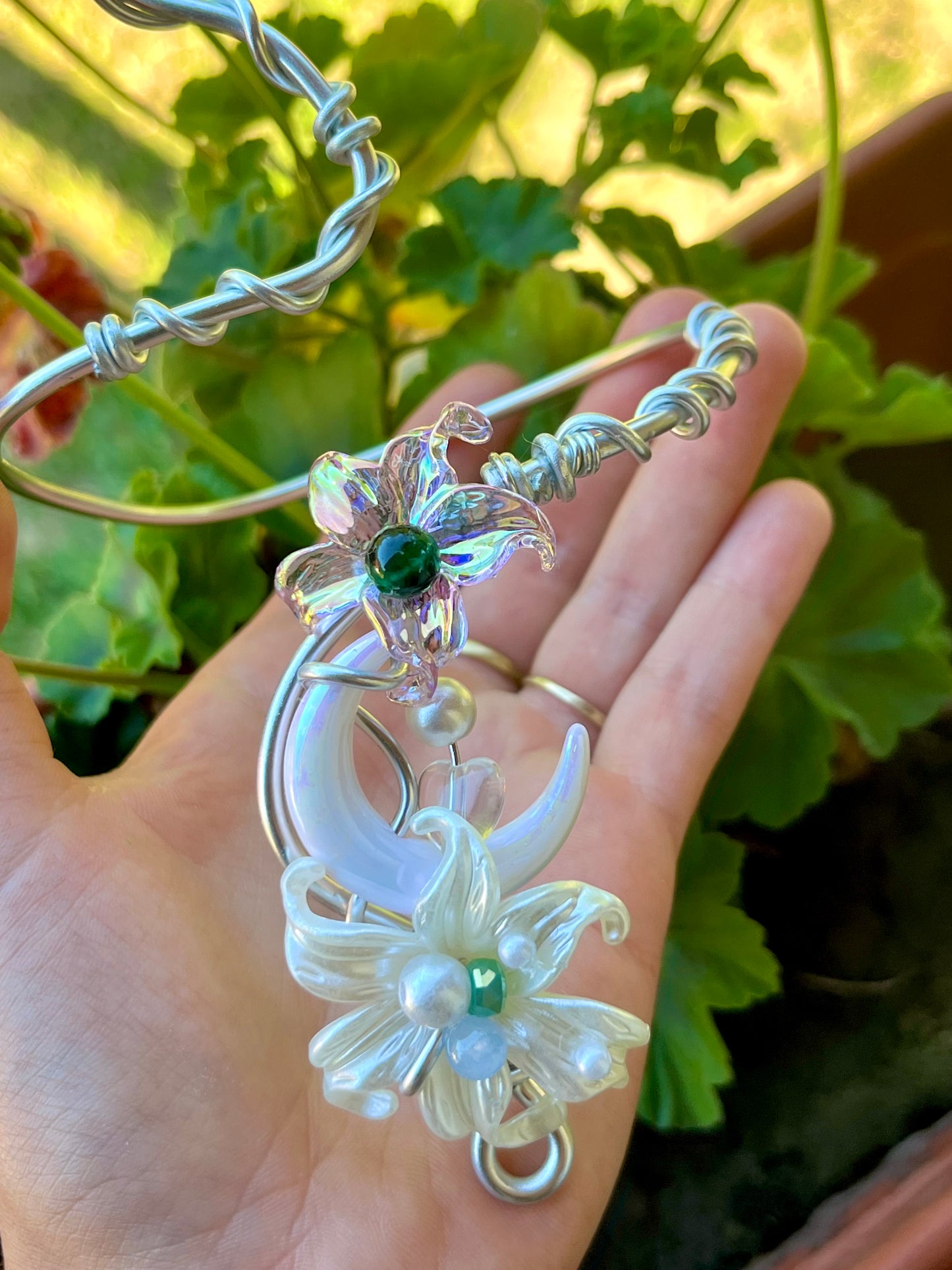 Handmade Silver Color Wire-Wrapped Crescent Moon & Dual Floral Arm Cuff