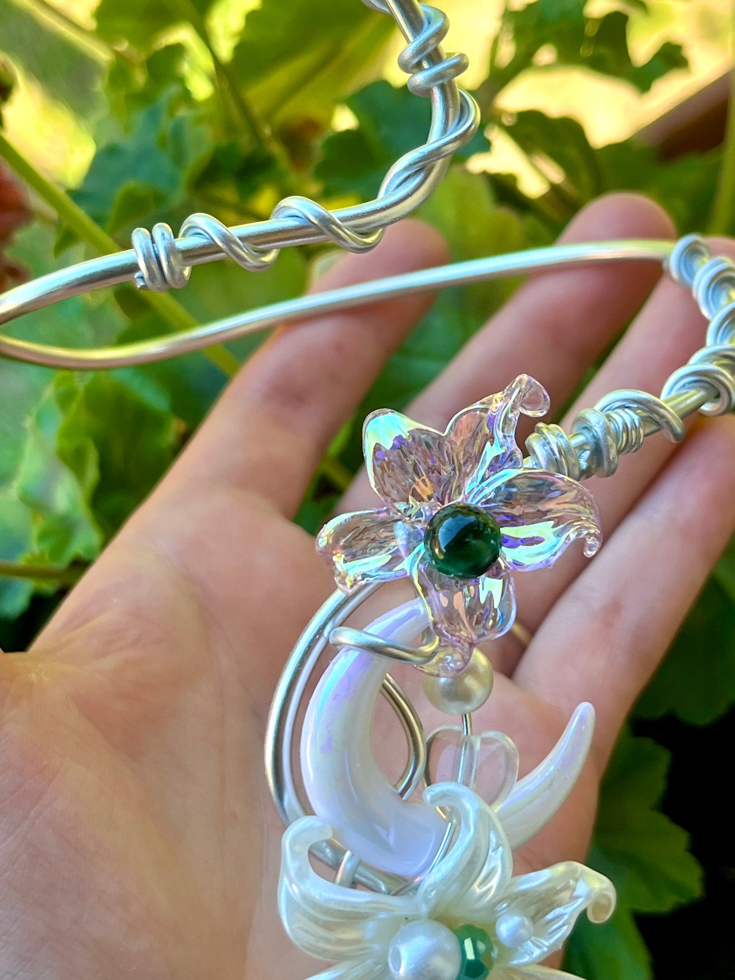 Handmade Silver Color Wire-Wrapped Crescent Moon & Dual Floral Arm Cuff