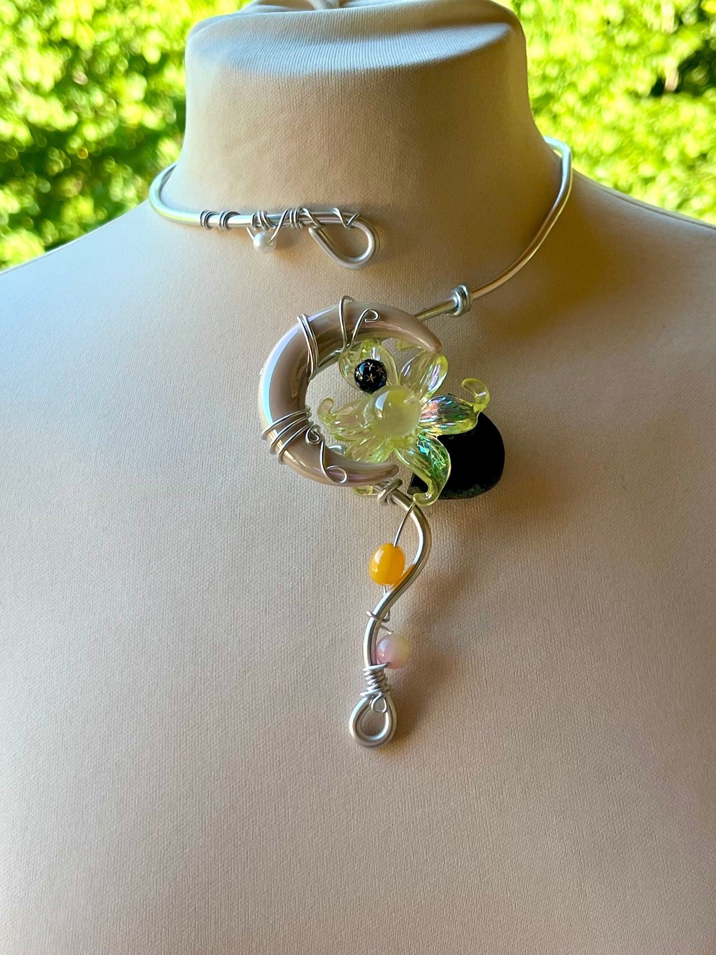 Handmade Silver Color Wire-Wrapped Crescent Moon & Yellow-Green Floral Choker