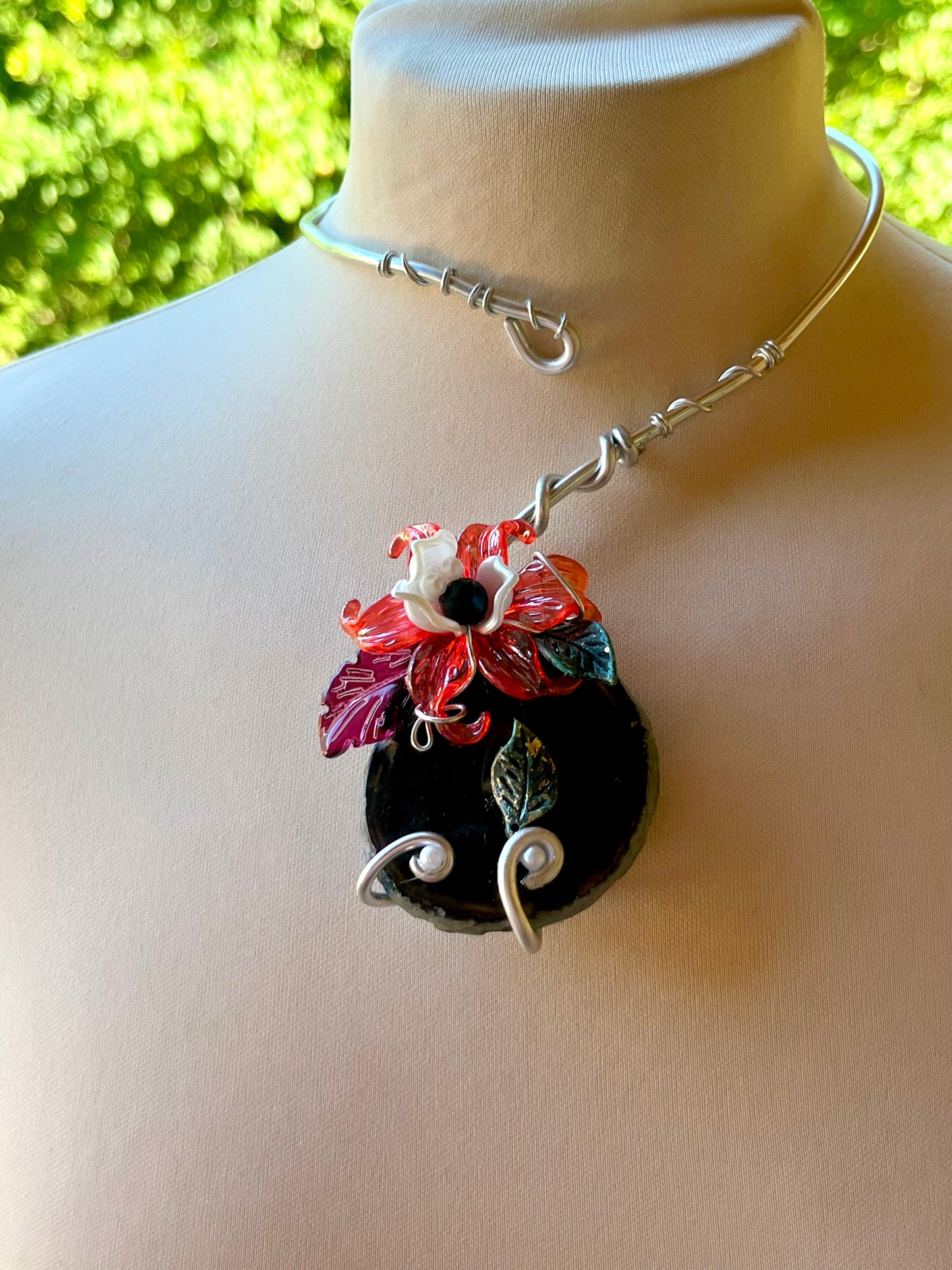 Handmade Silver Color Wire-Wrapped Red Floral & Dark Stone Choker