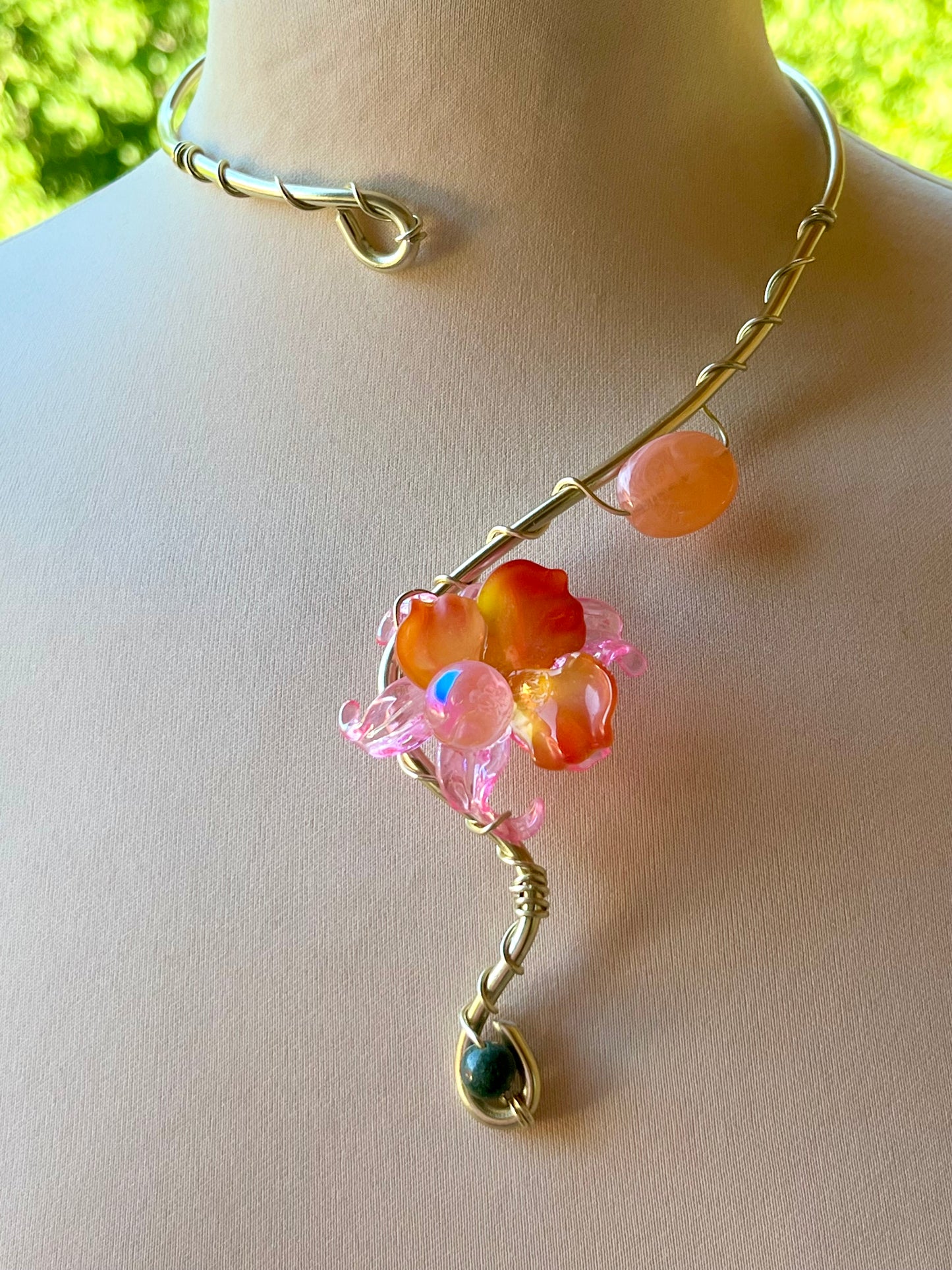 Handmade Gold Color Wire-Wrapped Orange and Pink Floral Choker