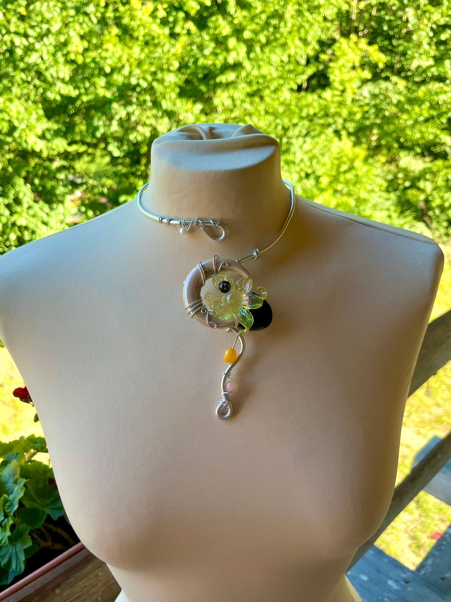 Handmade Silver Color Wire-Wrapped Crescent Moon & Yellow-Green Floral Choker