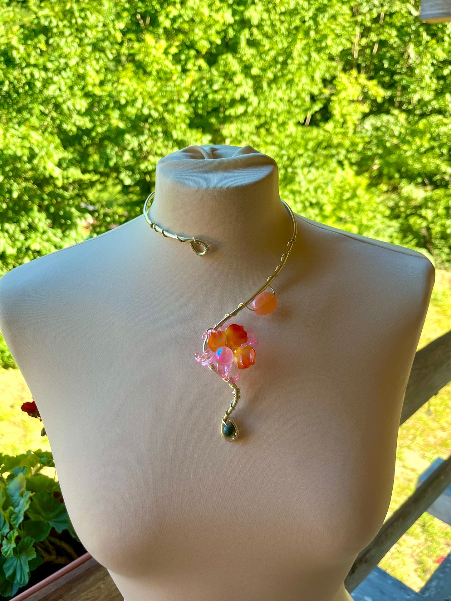 Handmade Gold Color Wire-Wrapped Orange and Pink Floral Choker
