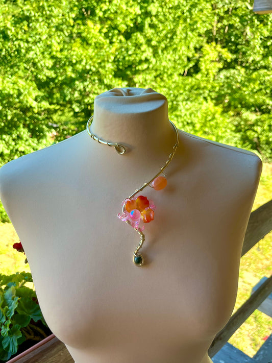 Handmade Gold Color Wire-Wrapped Orange and Pink Floral Choker