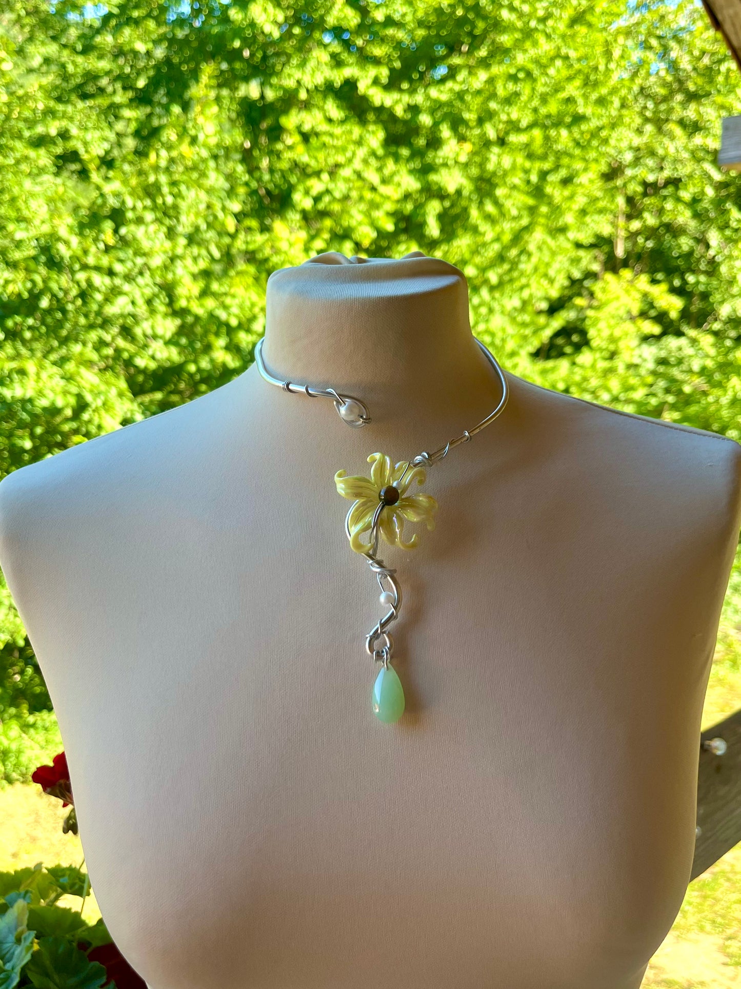 Handmade Silver Color Wire-Wrapped Yellow Floral & Green Teardrop Choker