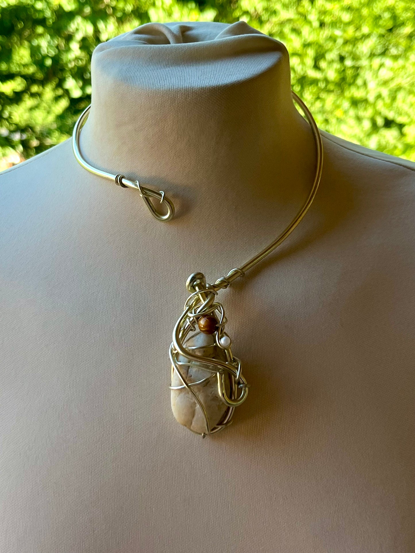 Handmade Gold Color Wire-Wrapped Raw Stone & Pearl Choker