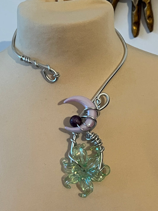 purple moon green flower necklace