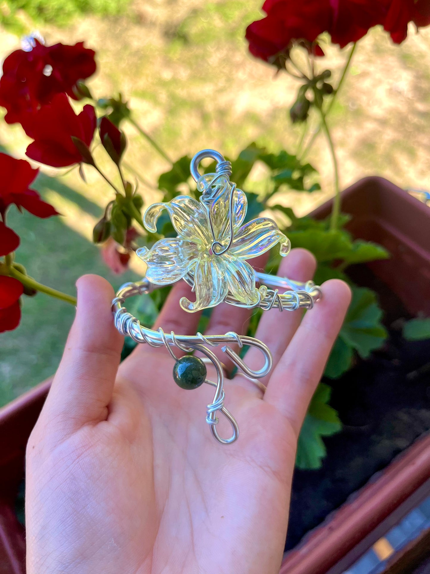Handmade Silver Color Wire-Wrapped Yellow Floral & Green Stone Arm Cuff