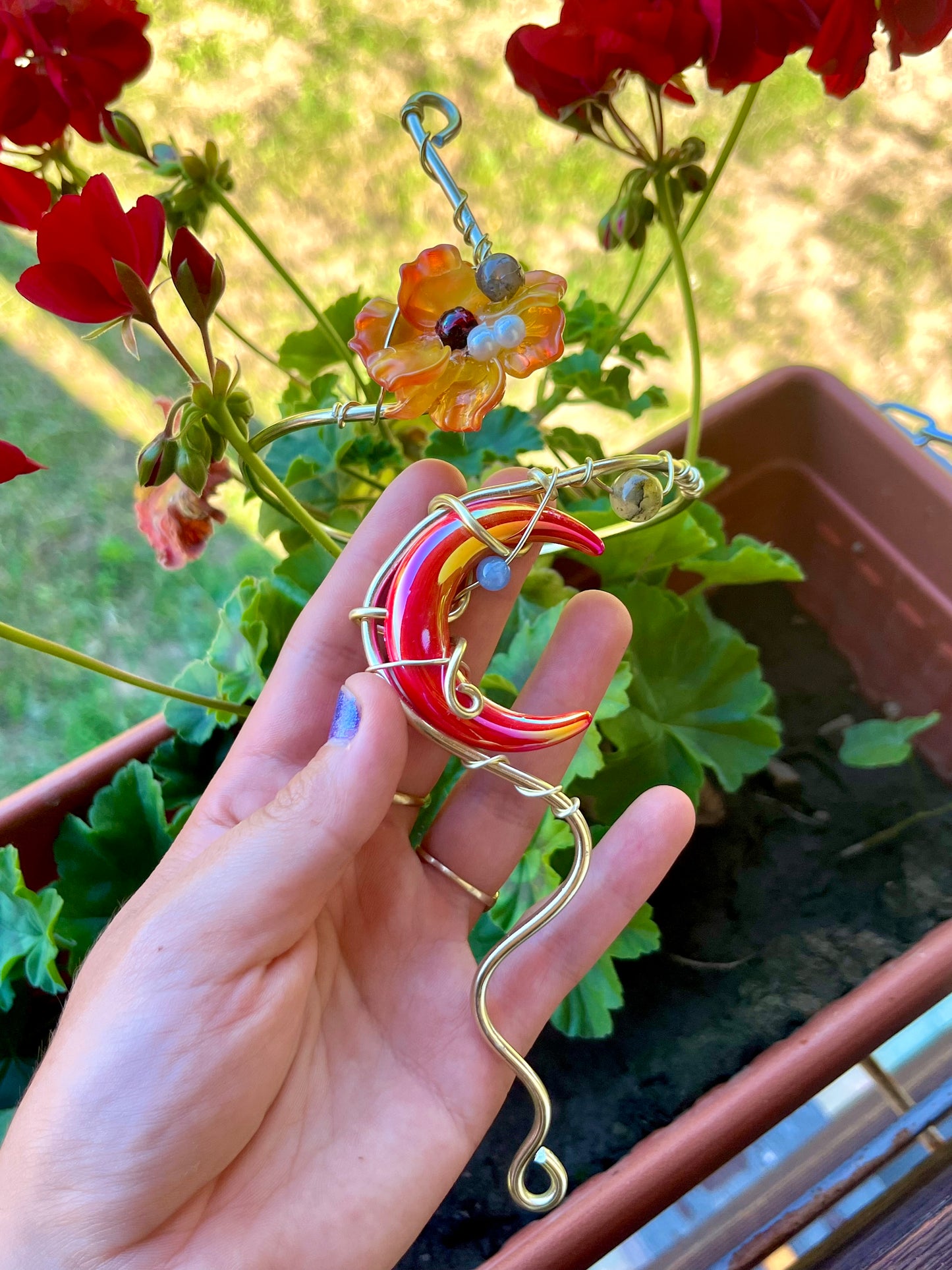 Handmade Gold Color Wire-Wrapped Red-Orange Crescent Moon & Floral Arm Cuff