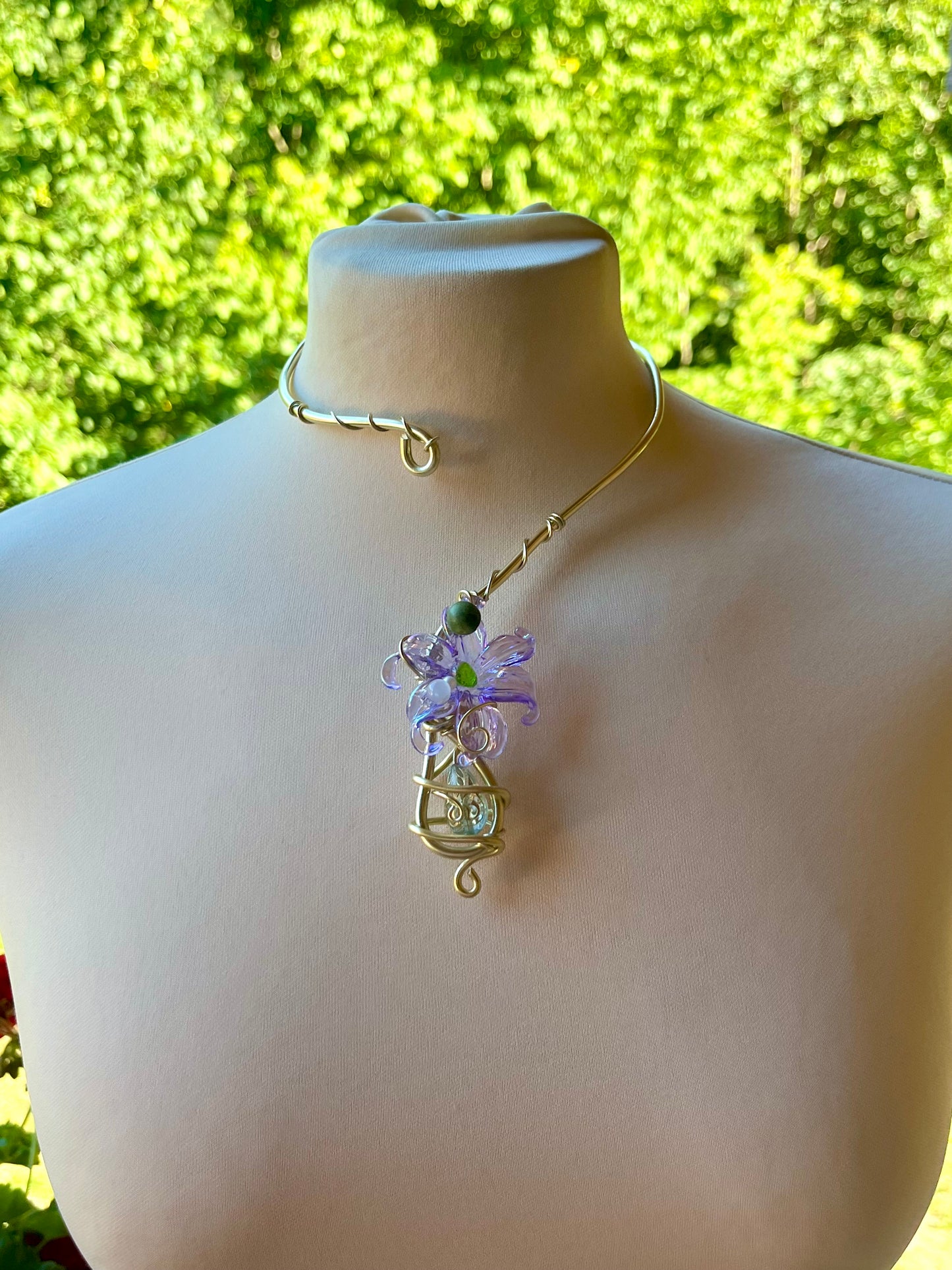 Handmade Gold Color Wire-Wrapped Purple Floral & Crystal Drop Choker
