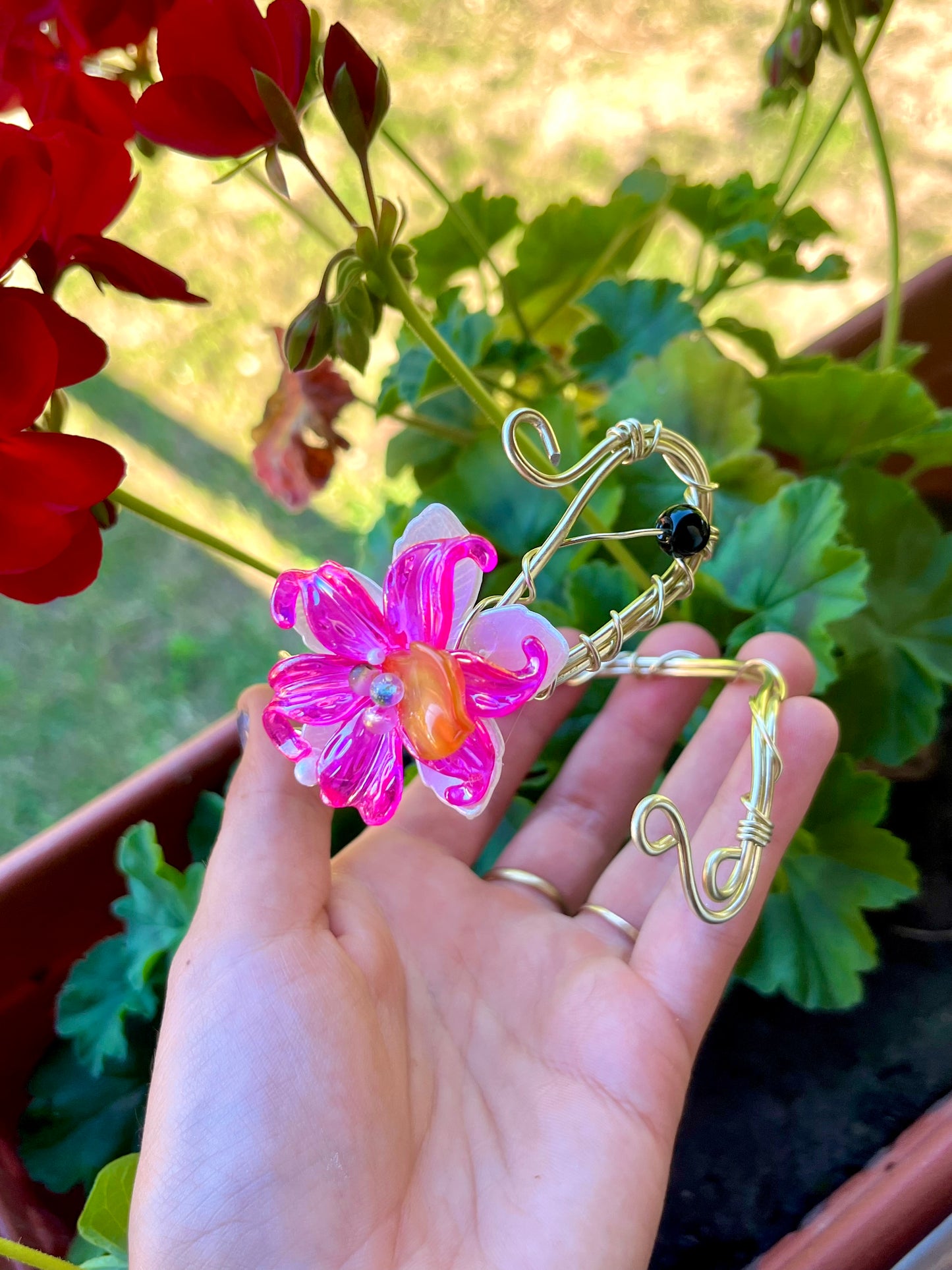 Handmade Gold Color Wire-Wrapped Vibrant Pink Floral Arm Cuff