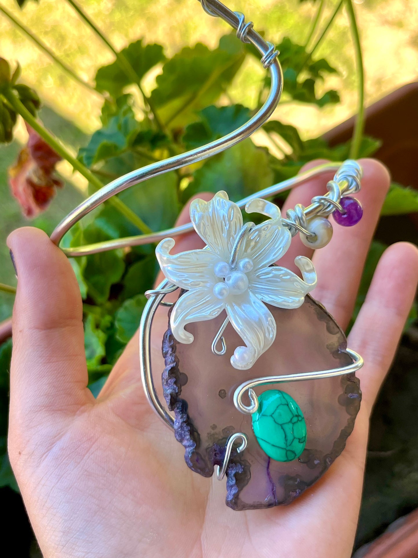 Handmade Silver Color Wire-Wrapped Purple Agate & White Floral Arm Cuff