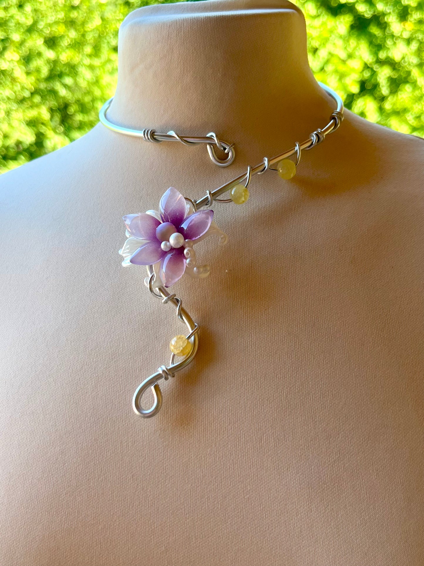 Handmade Silver Color Wire-Wrapped Purple Floral Choker