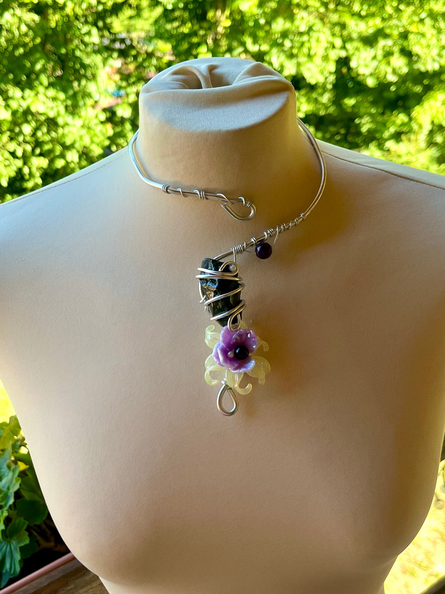 Handmade Silver Color Wire-Wrapped Dark Stone & Purple Floral Choker
