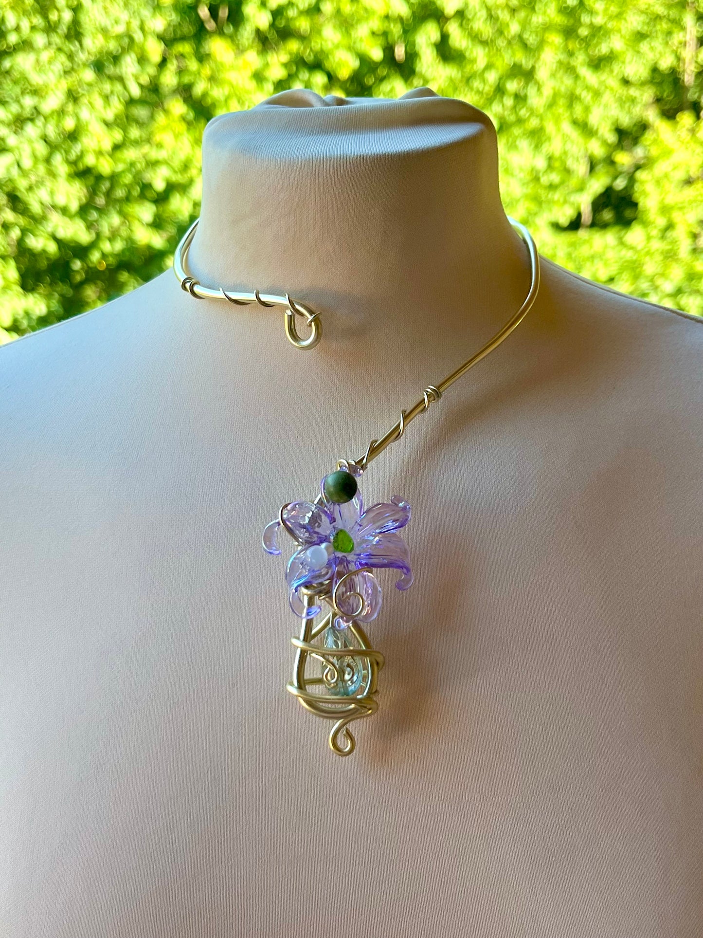 Handmade Gold Color Wire-Wrapped Purple Floral & Crystal Drop Choker
