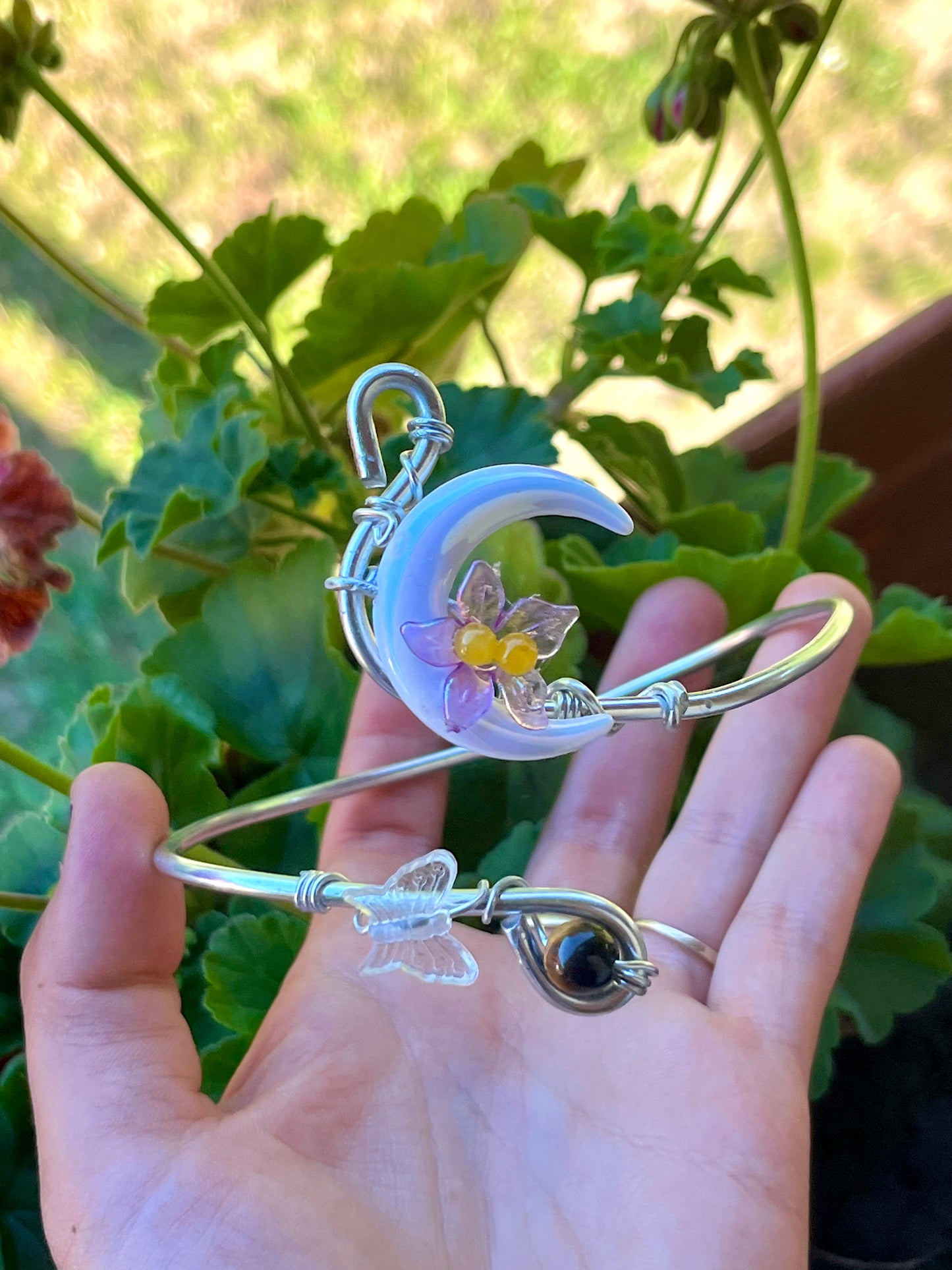Handmade Silver Color Wire-Wrapped Crescent Moon & Butterfly Arm Cuff