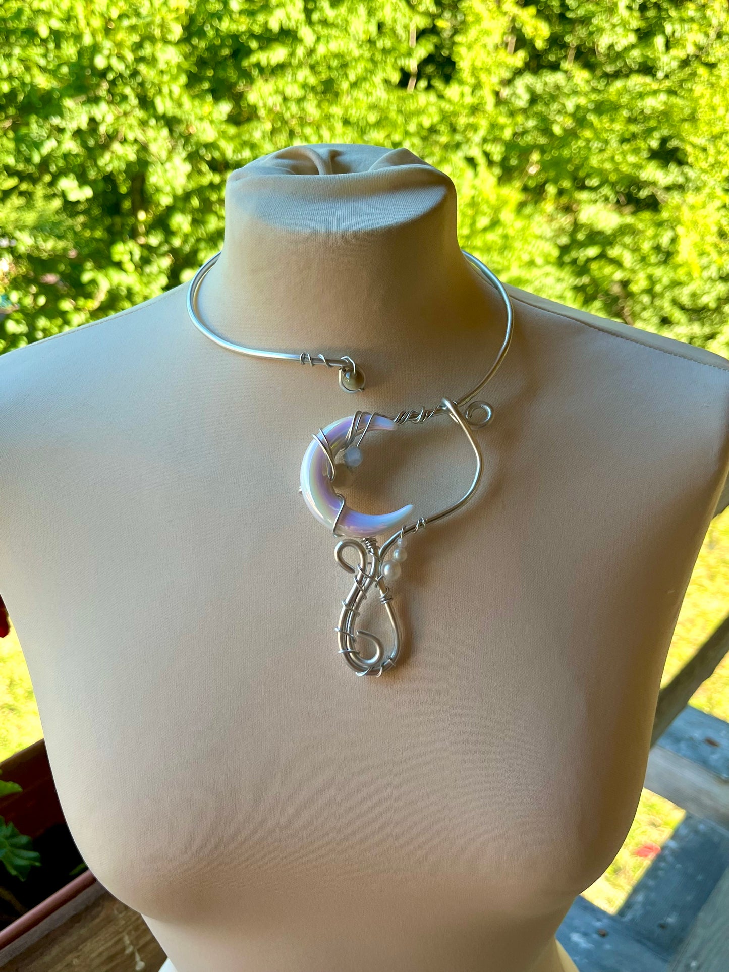 Handmade Gold Color Wire-Wrapped Iridescent Crescent Moon Choker