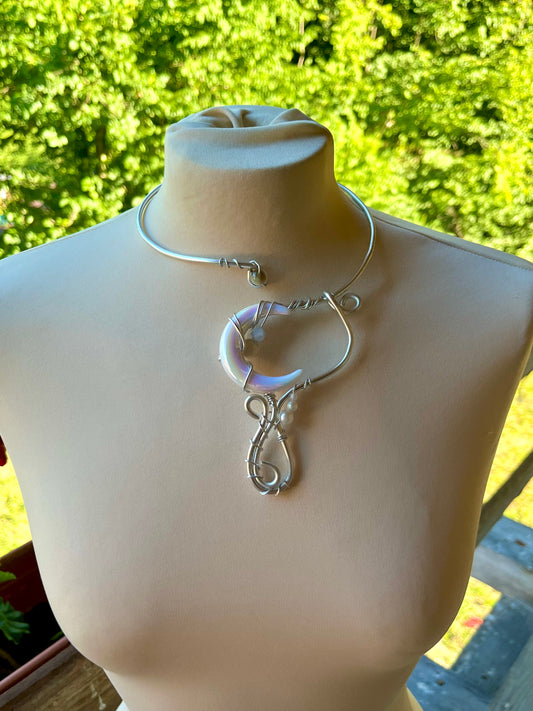 Handmade Gold Color Wire-Wrapped Iridescent Crescent Moon Choker