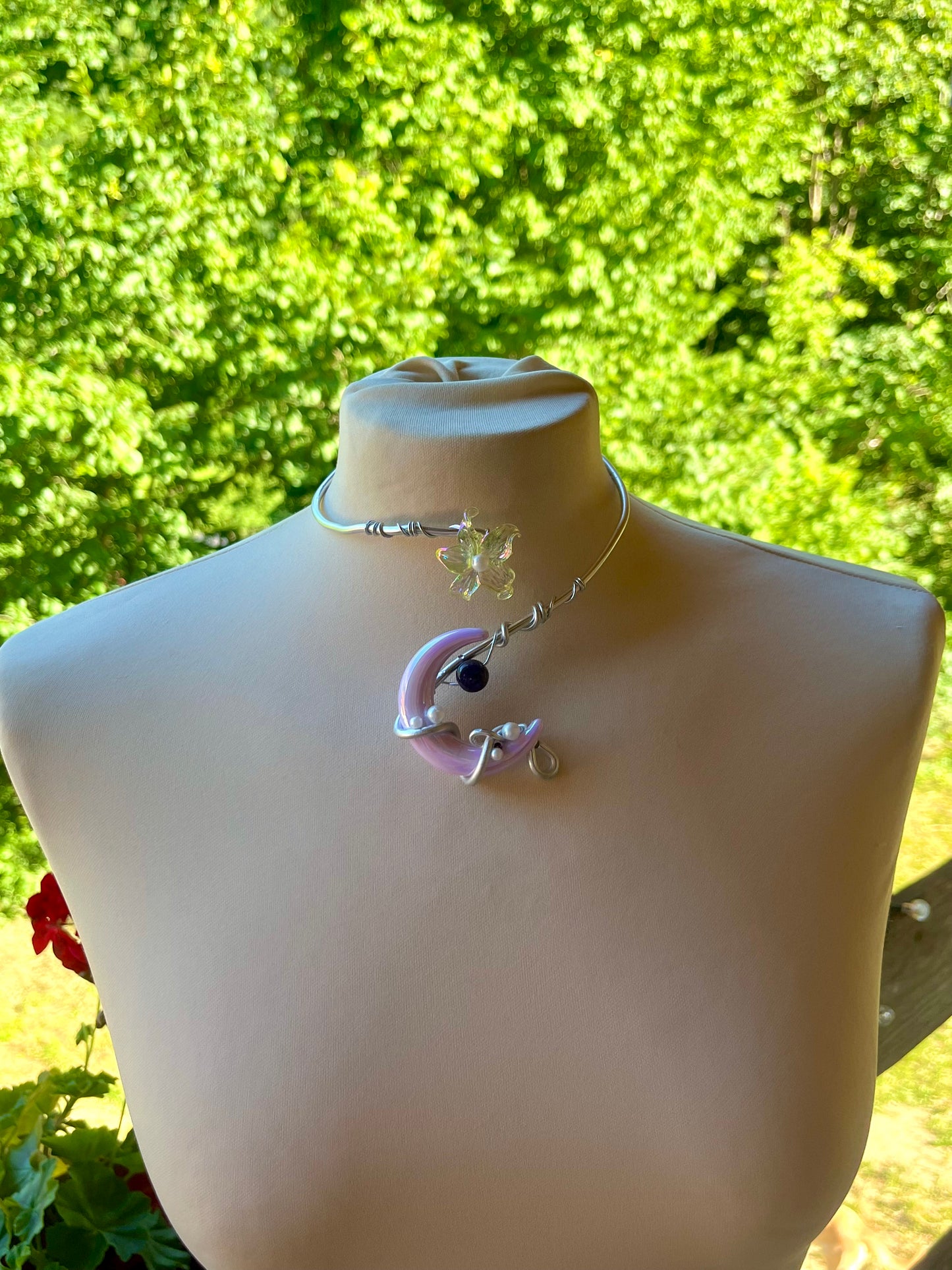 Handmade Silver Color Wire-Wrapped Crescent Moon Choker